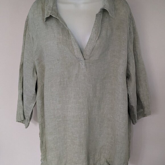 Tahara Sage Green Linen Top With Pearl Buttons Down Sides 3/4 Length Sleeves 2X - Picture 1 of 5